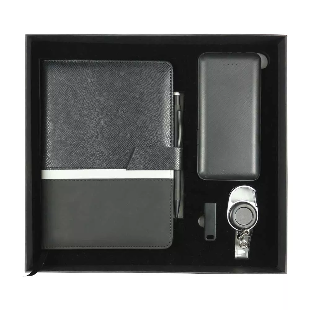 Promotional gift set with notebook, power bank, and USB in black box